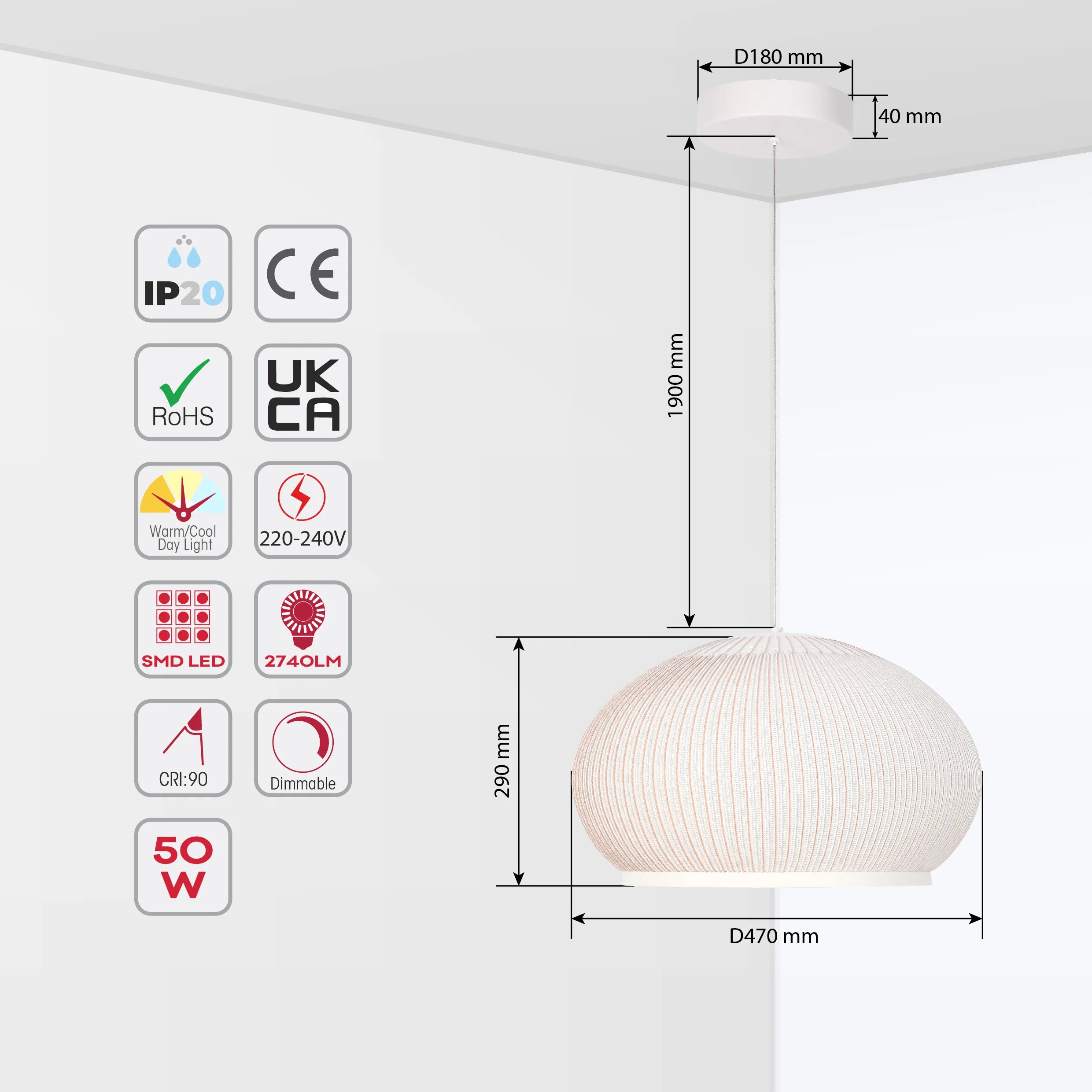 White Ribbed Knitted Fabric Pendant Light 470mm Diameter Ceiling Lamp 3000-6000K