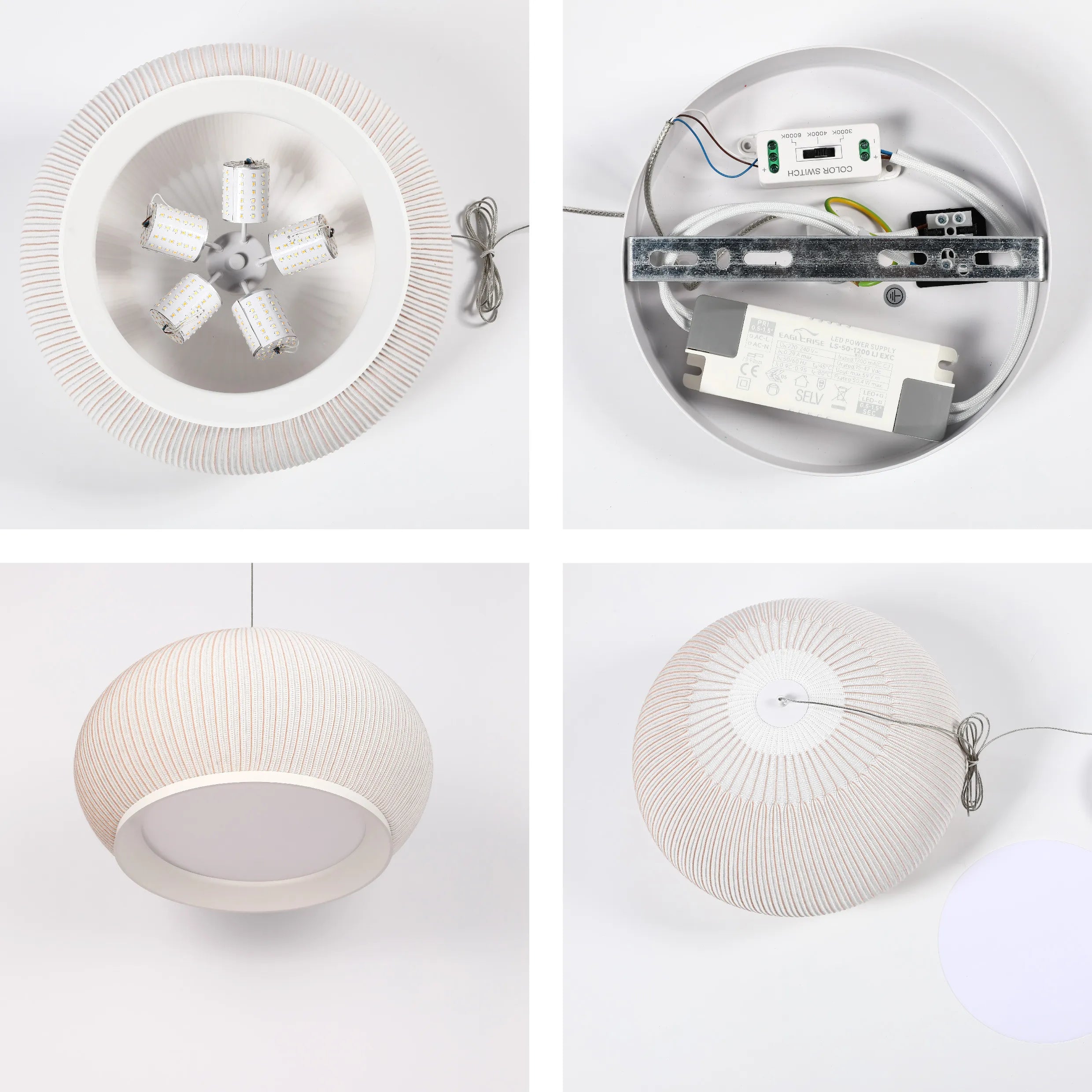 White Ribbed Knitted Fabric Pendant Light 470mm Diameter Ceiling Lamp 3000-6000K
